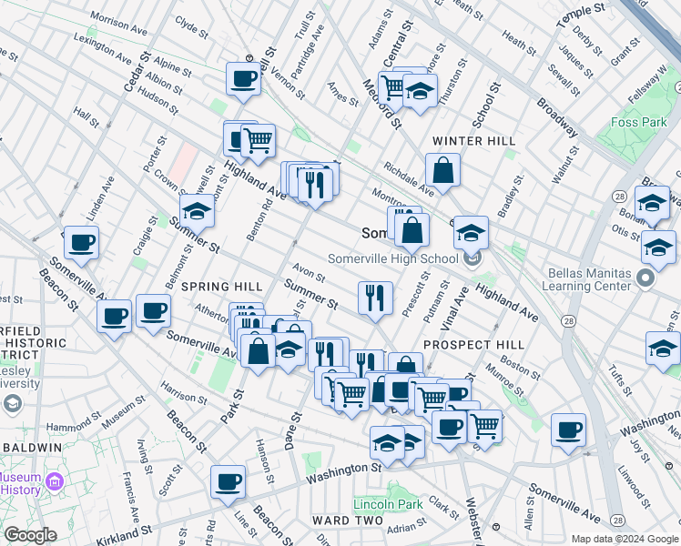 map of restaurants, bars, coffee shops, grocery stores, and more near 27 Avon Street in Somerville