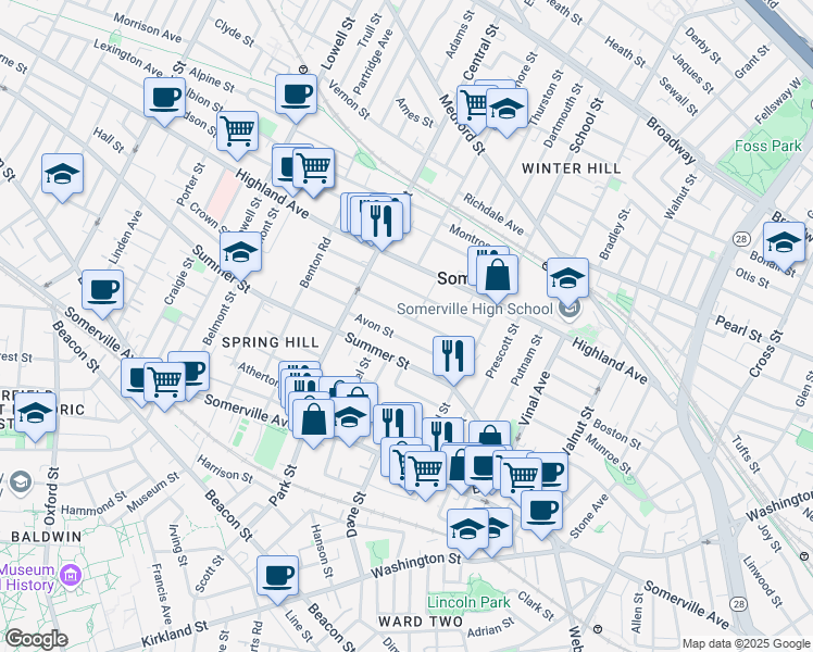 map of restaurants, bars, coffee shops, grocery stores, and more near in Somerville