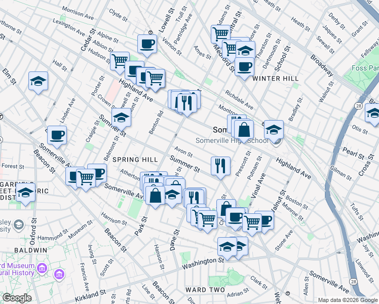 map of restaurants, bars, coffee shops, grocery stores, and more near in Somerville