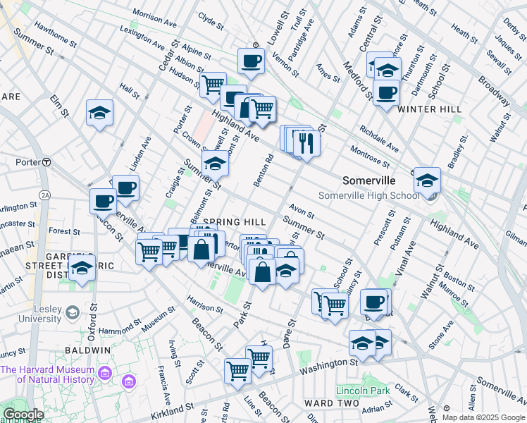 map of restaurants, bars, coffee shops, grocery stores, and more near 9 Monmouth Street in Somerville