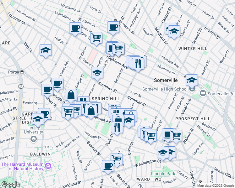 map of restaurants, bars, coffee shops, grocery stores, and more near 9 Monmouth Street in Somerville