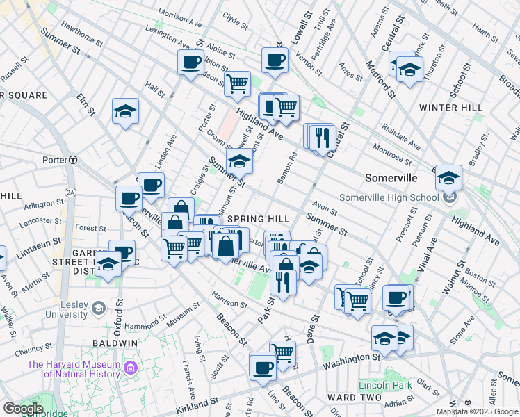 map of restaurants, bars, coffee shops, grocery stores, and more near in Somerville