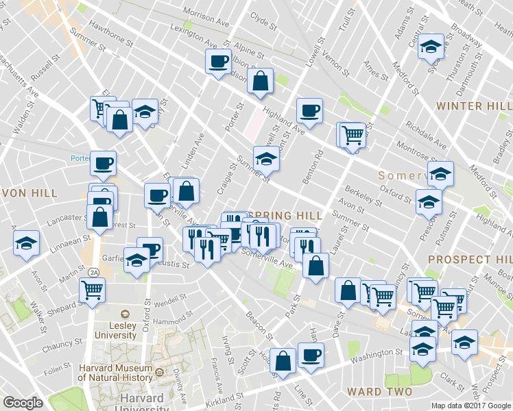 map of restaurants, bars, coffee shops, grocery stores, and more near 32 Spring Street in Somerville