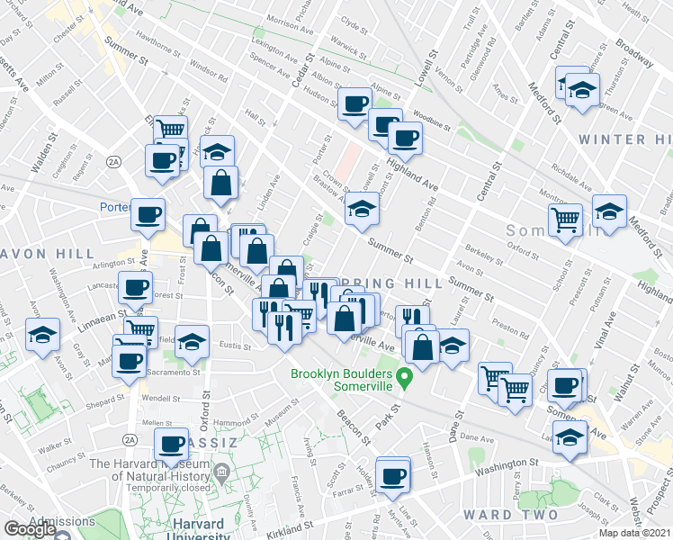 map of restaurants, bars, coffee shops, grocery stores, and more near 22 Belmont Street in Somerville