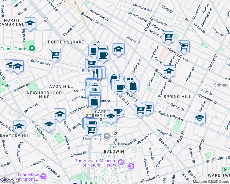 map of restaurants, bars, coffee shops, grocery stores, and more near 133 Oxford Street in Cambridge