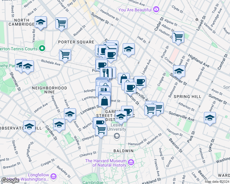 map of restaurants, bars, coffee shops, grocery stores, and more near 9 Forest Street in Cambridge