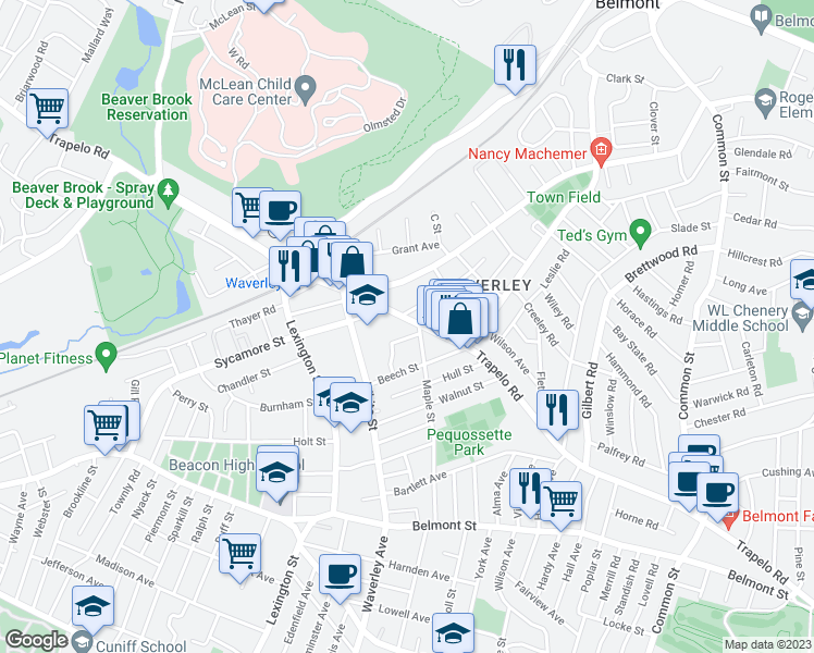 map of restaurants, bars, coffee shops, grocery stores, and more near 28 Dante Avenue in Belmont