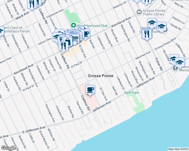 map of restaurants, bars, coffee shops, grocery stores, and more near in Grosse Pointe