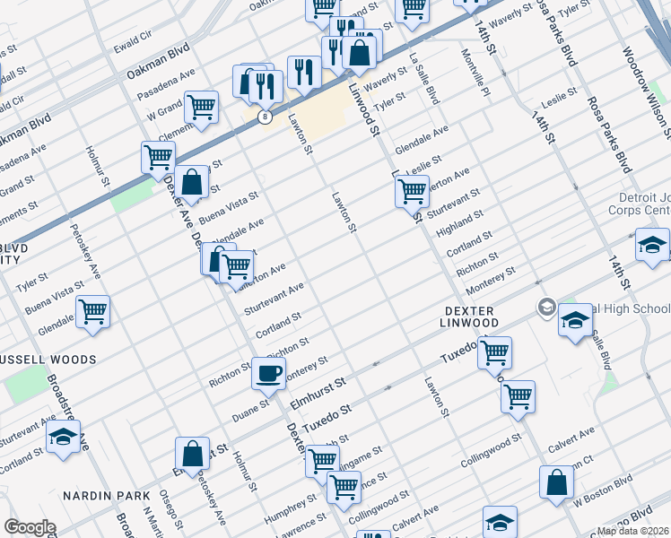 map of restaurants, bars, coffee shops, grocery stores, and more near 3000 Cortland Street in Detroit