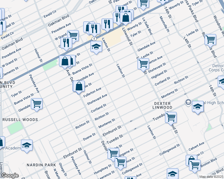 map of restaurants, bars, coffee shops, grocery stores, and more near 3211 Sturtevant Street in Detroit