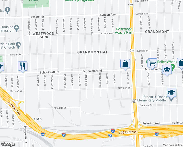 map of restaurants, bars, coffee shops, grocery stores, and more near 13590 Glastonbury Avenue in Detroit