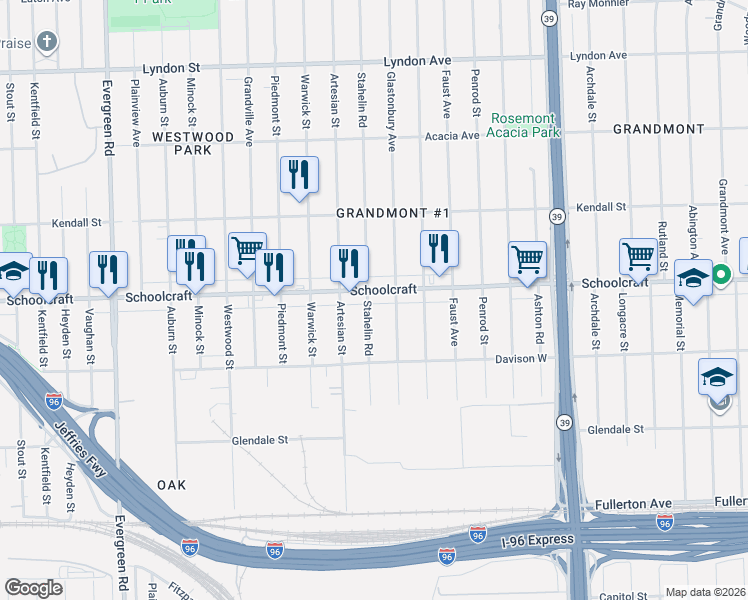 map of restaurants, bars, coffee shops, grocery stores, and more near 13585 Stahelin Road in Detroit