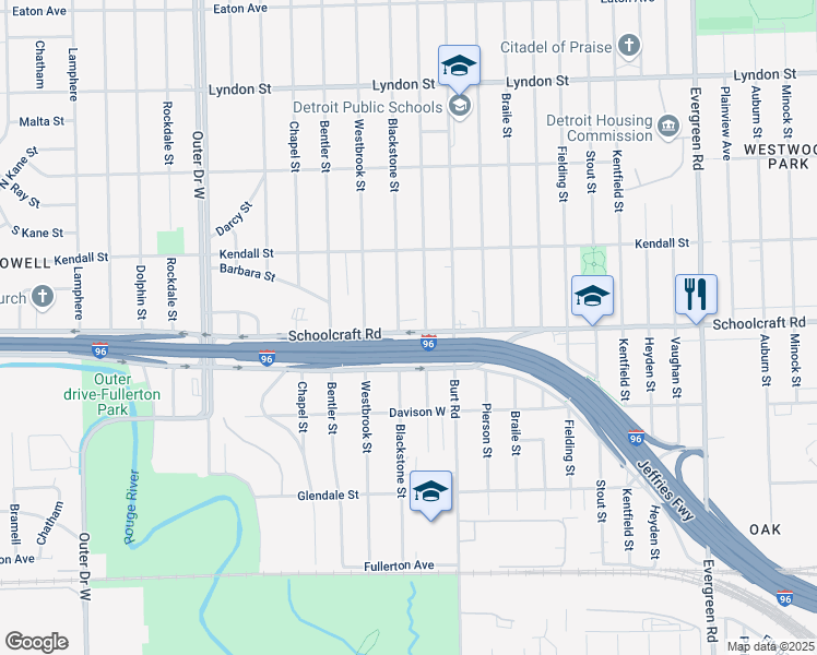 map of restaurants, bars, coffee shops, grocery stores, and more near 13574 Blackstone Street in Detroit