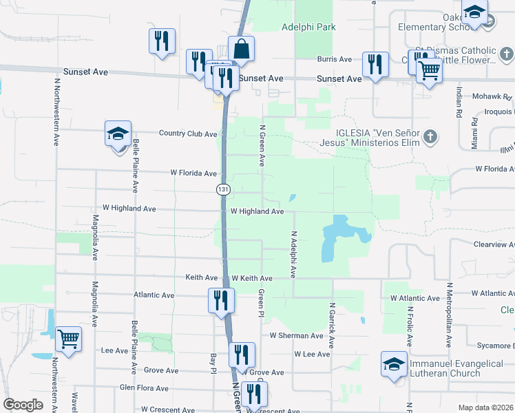 map of restaurants, bars, coffee shops, grocery stores, and more near 12856 West Greenwood Avenue in Waukegan