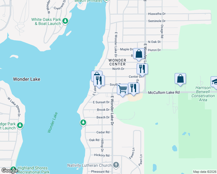 map of restaurants, bars, coffee shops, grocery stores, and more near 7603 Hancock Drive in Wonder Lake
