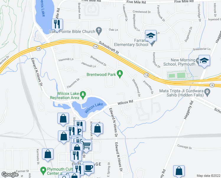 map of restaurants, bars, coffee shops, grocery stores, and more near 42023 Clemons Drive in Plymouth