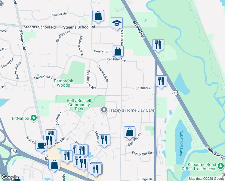 map of restaurants, bars, coffee shops, grocery stores, and more near 5130 Winona Lane in Gurnee
