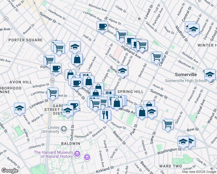 map of restaurants, bars, coffee shops, grocery stores, and more near 22 Belmont Street in Somerville