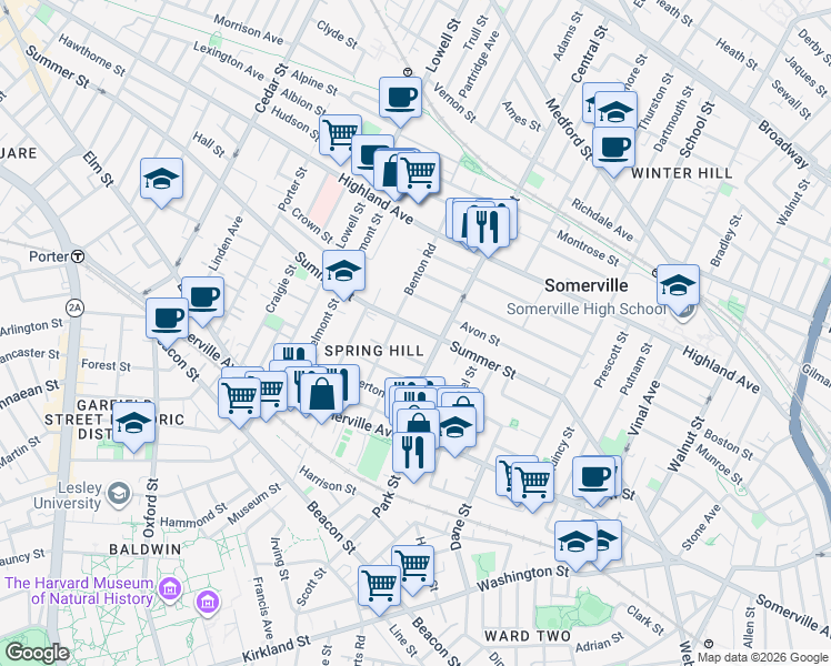 map of restaurants, bars, coffee shops, grocery stores, and more near 9 Monmouth Street in Somerville