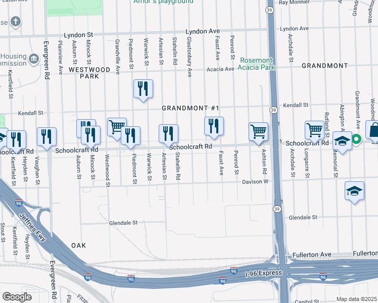map of restaurants, bars, coffee shops, grocery stores, and more near 18711 Schoolcraft in Detroit