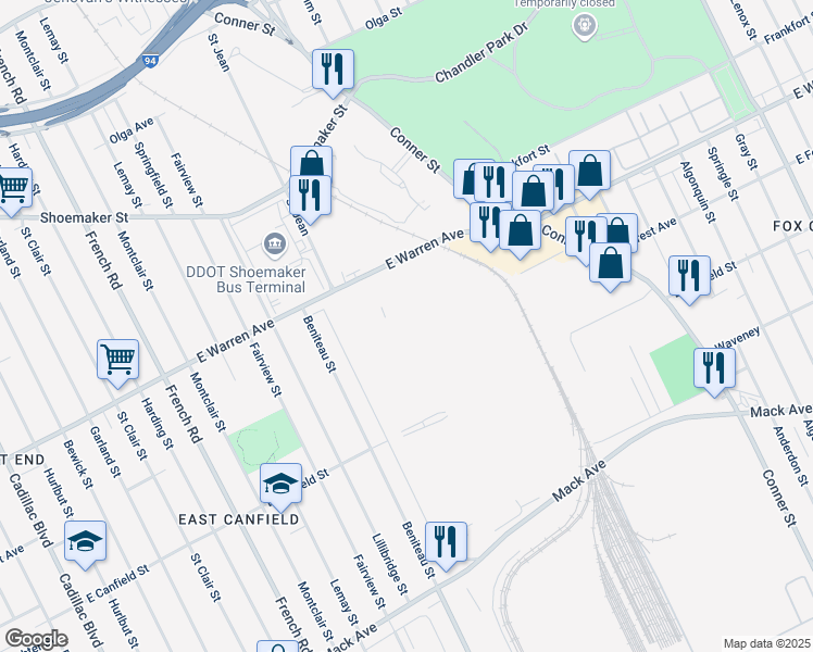 map of restaurants, bars, coffee shops, grocery stores, and more near 4000 Saint Jean in Detroit