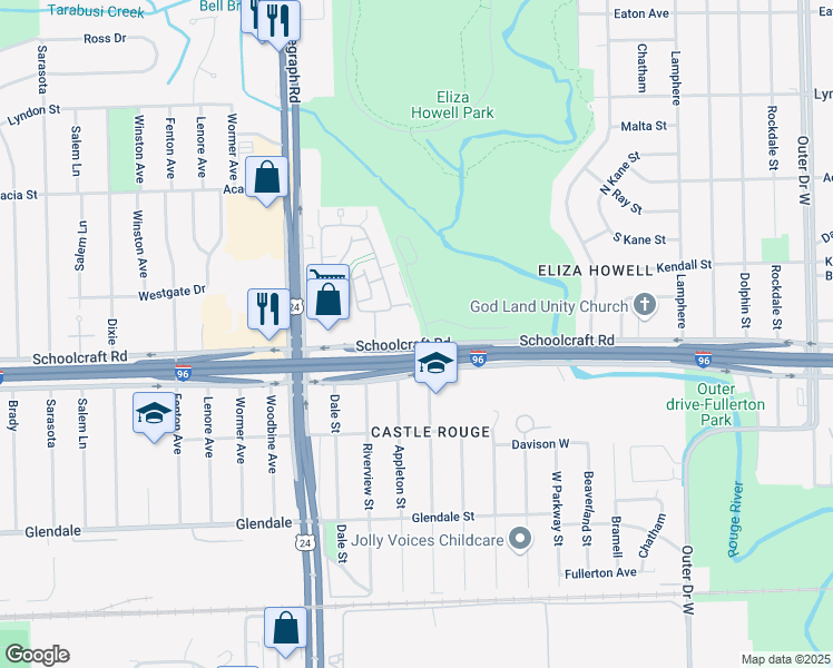map of restaurants, bars, coffee shops, grocery stores, and more near 23600 Schoolcraft Road in Detroit