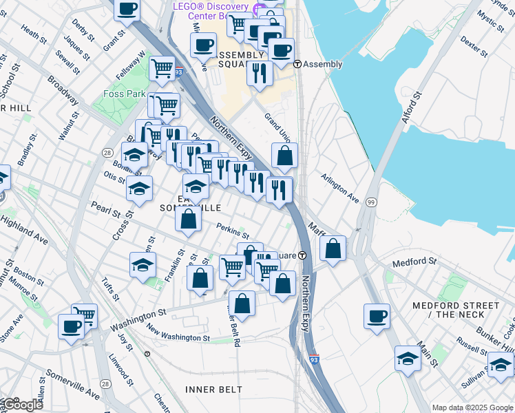 map of restaurants, bars, coffee shops, grocery stores, and more near 44 Broadway in Somerville
