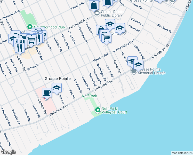 map of restaurants, bars, coffee shops, grocery stores, and more near 301 Roosevelt Place in Grosse Pointe