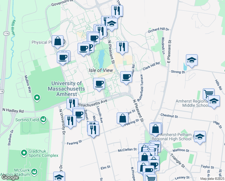 map of restaurants, bars, coffee shops, grocery stores, and more near 121 Presidents Drive in Amherst