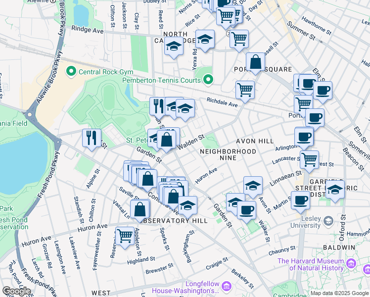 map of restaurants, bars, coffee shops, grocery stores, and more near 225 Walden Street in Cambridge