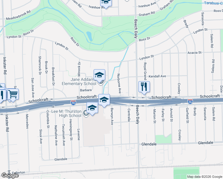 map of restaurants, bars, coffee shops, grocery stores, and more near 14018 Berwyn in Redford Charter Township