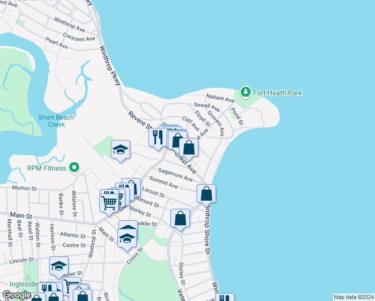 map of restaurants, bars, coffee shops, grocery stores, and more near 63 Temple Avenue in Winthrop