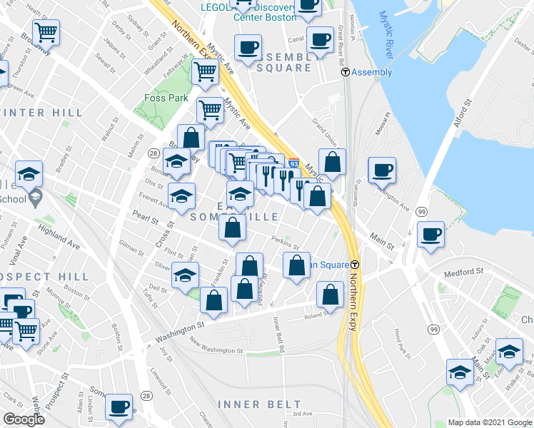 map of restaurants, bars, coffee shops, grocery stores, and more near 80 Broadway in Somerville