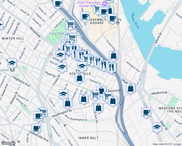 map of restaurants, bars, coffee shops, grocery stores, and more near 80 Broadway in Somerville