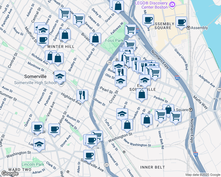 map of restaurants, bars, coffee shops, grocery stores, and more near 13 Everett Avenue in Somerville