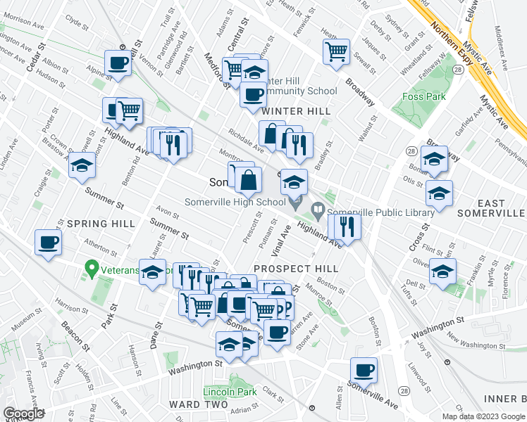 map of restaurants, bars, coffee shops, grocery stores, and more near 93 Highland Avenue in Somerville
