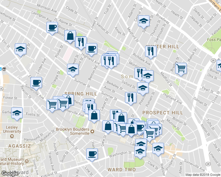 map of restaurants, bars, coffee shops, grocery stores, and more near 63 Berkeley Street in Somerville