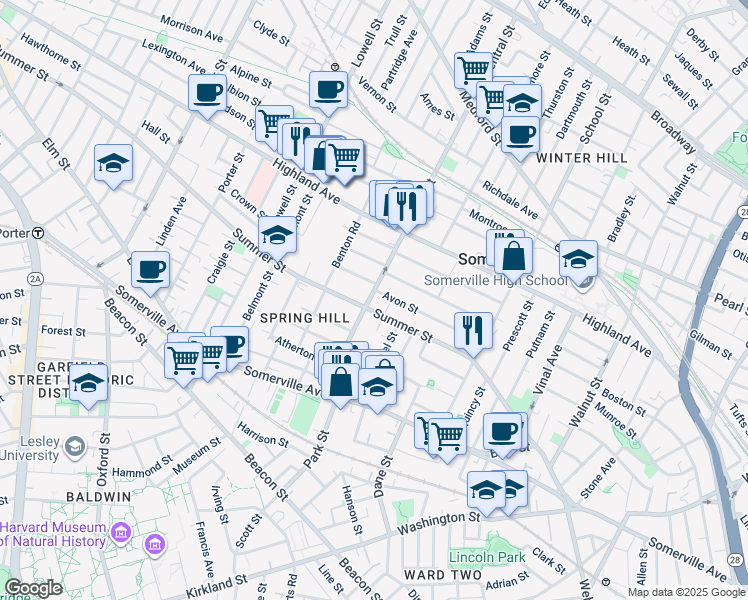 map of restaurants, bars, coffee shops, grocery stores, and more near in Somerville