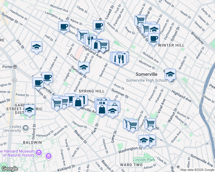 map of restaurants, bars, coffee shops, grocery stores, and more near 14 Westwood Road in Somerville