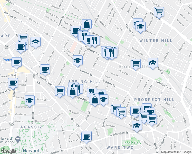 map of restaurants, bars, coffee shops, grocery stores, and more near 14 Westwood Road in Somerville