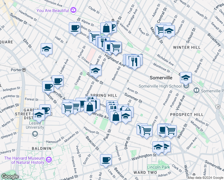 map of restaurants, bars, coffee shops, grocery stores, and more near 14 Westwood Road in Somerville