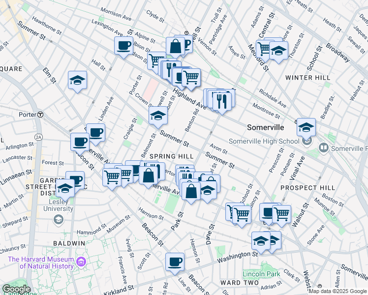 map of restaurants, bars, coffee shops, grocery stores, and more near 14 Westwood Road in Somerville