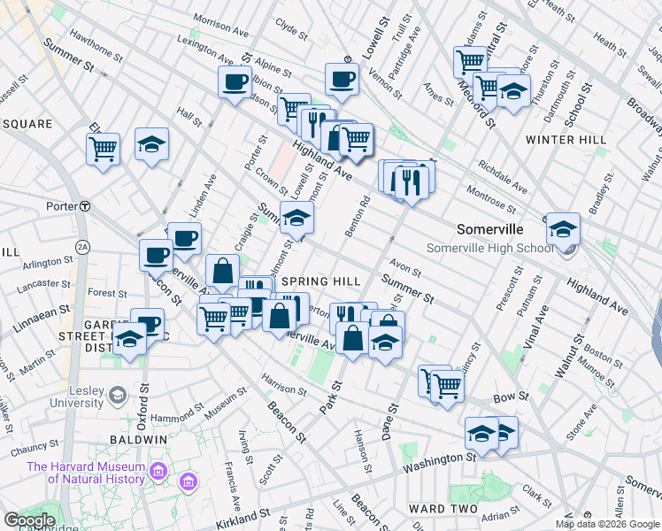 map of restaurants, bars, coffee shops, grocery stores, and more near 182 Summer Street in Somerville