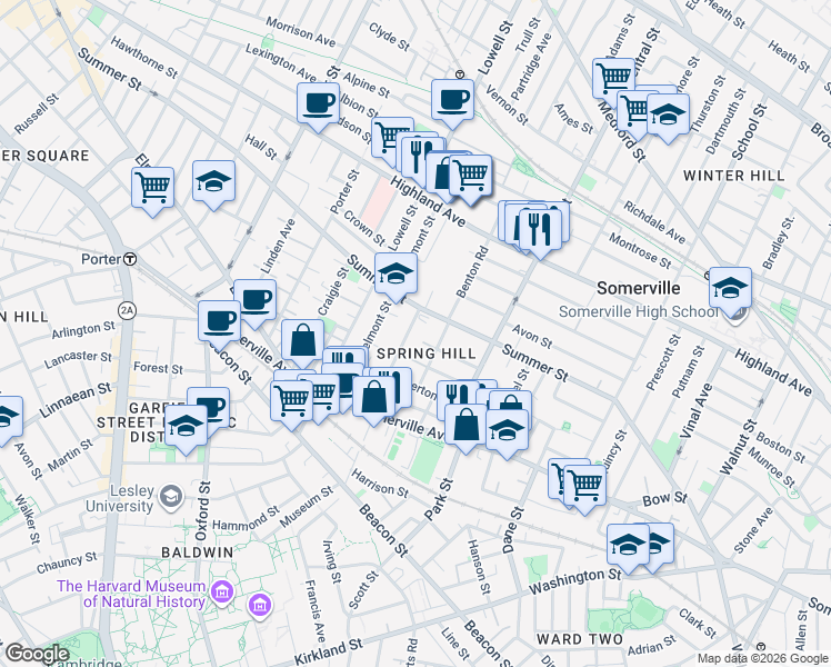 map of restaurants, bars, coffee shops, grocery stores, and more near 182 Summer Street in Somerville