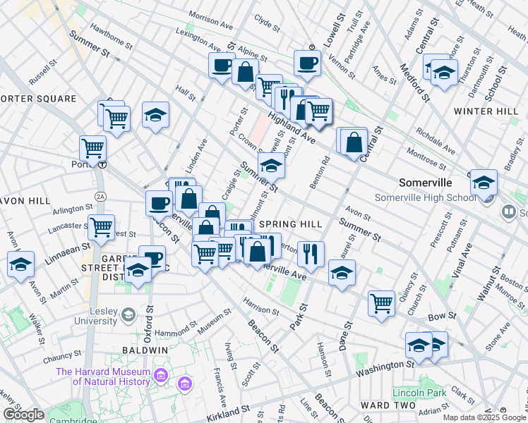 map of restaurants, bars, coffee shops, grocery stores, and more near 194 Summer Street in Somerville
