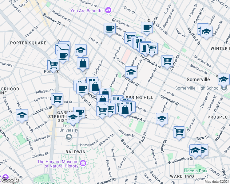 map of restaurants, bars, coffee shops, grocery stores, and more near 74 Lowell Street in Somerville
