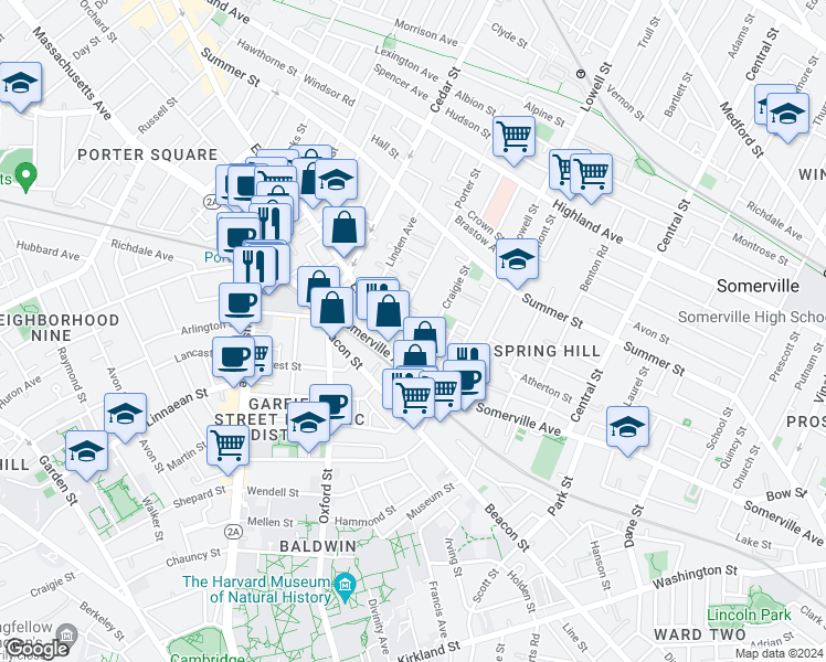 map of restaurants, bars, coffee shops, grocery stores, and more near 16 Porter Street in Somerville