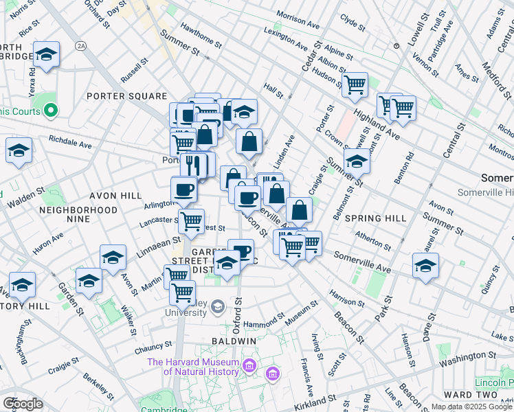 map of restaurants, bars, coffee shops, grocery stores, and more near 36 Elm Street in Somerville