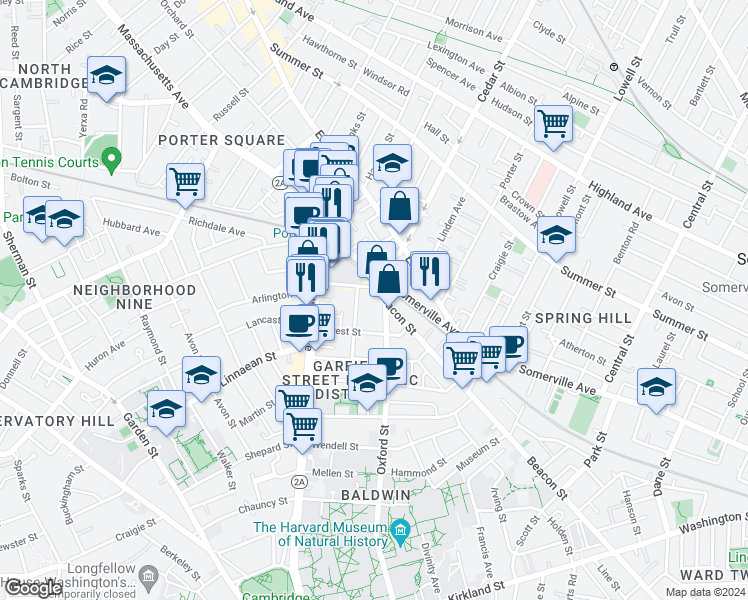 map of restaurants, bars, coffee shops, grocery stores, and more near 769 Somerville Avenue in Somerville