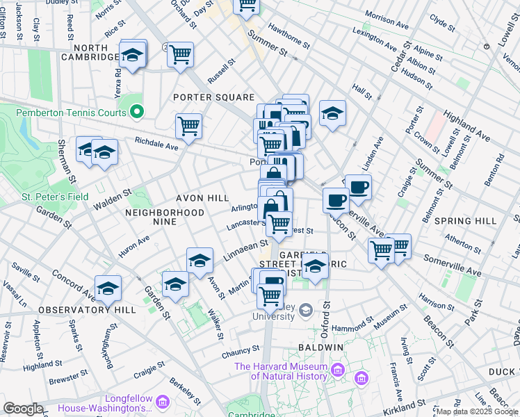 map of restaurants, bars, coffee shops, grocery stores, and more near 42 Mount Vernon Street in Cambridge